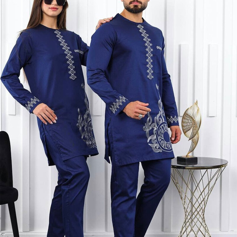 2024 New African Dress Men's Suit Groom Embroidered crewneck shirt and Pants 2-piece Birthday party festive suit