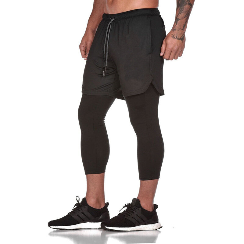 Calças esportivas masculinas joggings falso calças de duas peças calças justas masculinas leggings para a execução de ginásio esporte fitness secagem rápida calças de ajuste