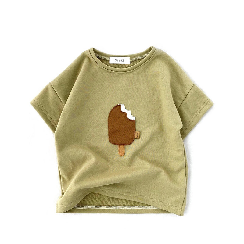 2024, летняя рубашка для маленьких мальчиков из чистого хлопка, яркая, с нашивкой, мороженое, мягкая, блестящая, с круглым вырезом, пуловер, футболки