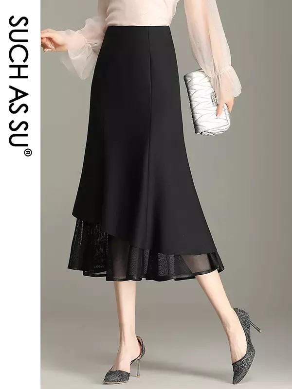 Spring Summer 2023 Women Ruffles Black Mid Long Mermaid Skirt High Waist S-XXXL Size Slim Knitted Mesh Mid Long Skirt Female