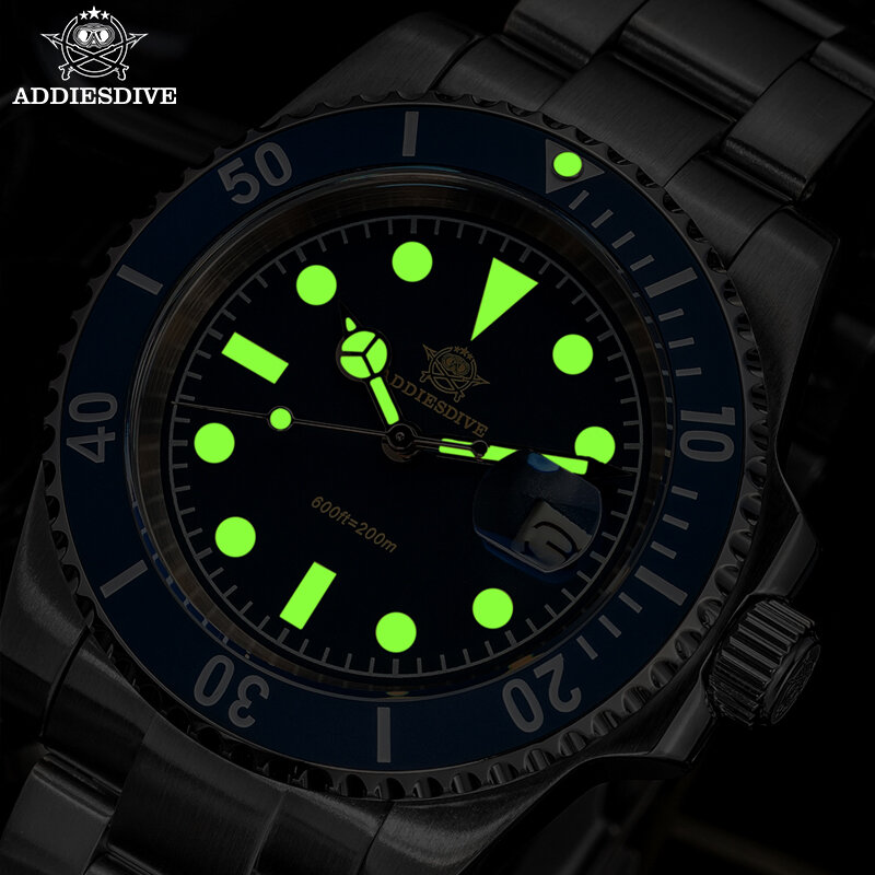 Addiesdive นาฬิกาควอทซ์สำหรับผู้ชาย, นาฬิกาข้อมือสแตนเลสจอแสดงปฏิทินกันน้ำยาว200ม. C3เรืองแสง