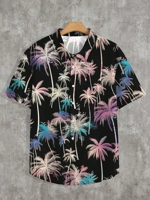 Camisa con estampado de palmera para hombre y mujer, camisa con solapa lateral, informal, de manga corta, con botones, a la moda