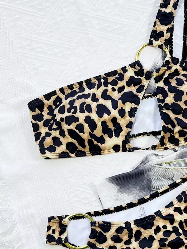 2024 New Women Leopard Swimsuit Sexy Hollow Out One Shoulder Swimwear Chain Link Cut-out Bikini Push Up Thong Strój kąpielowy Plaża