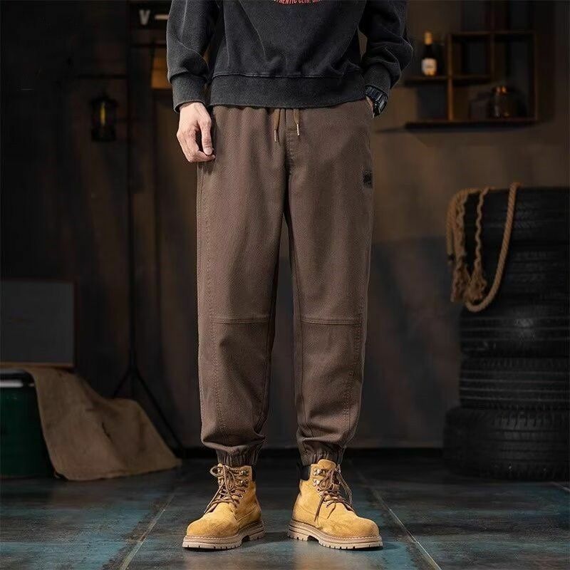 American Summer Men's 2024 New Spliced Elasticized Drawstring Fashion Solid Color Pockets Folds Loose and Versatile Casual Pants