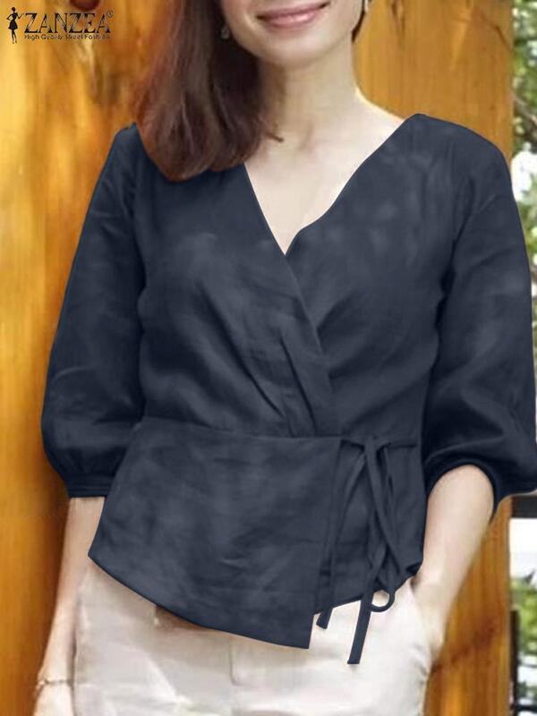 Женская Элегантная блузка ZANZEA с V-образным вырезом, летняя Однотонная рубашка с рукавом 3/4, винтажные офисные топы, повседневные свободные хлопковые блузы, женская рубашка