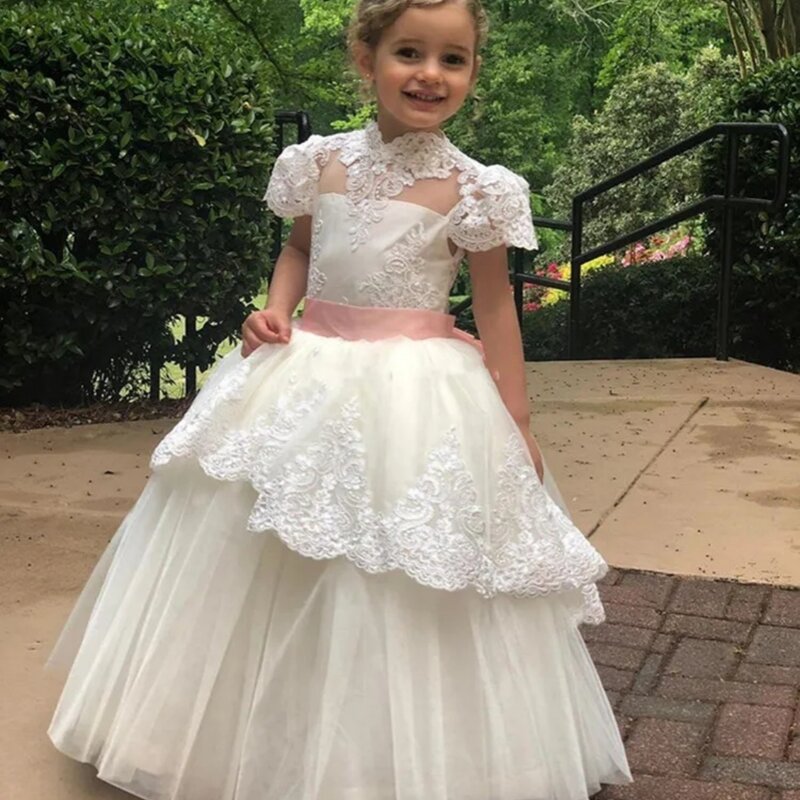 Kwiatowa sukienki dla dziewczynek prosty kokardka elegancka księżniczka satynowa suknia balowa dla dzieci urodziny pierwsza sukienka komunijna