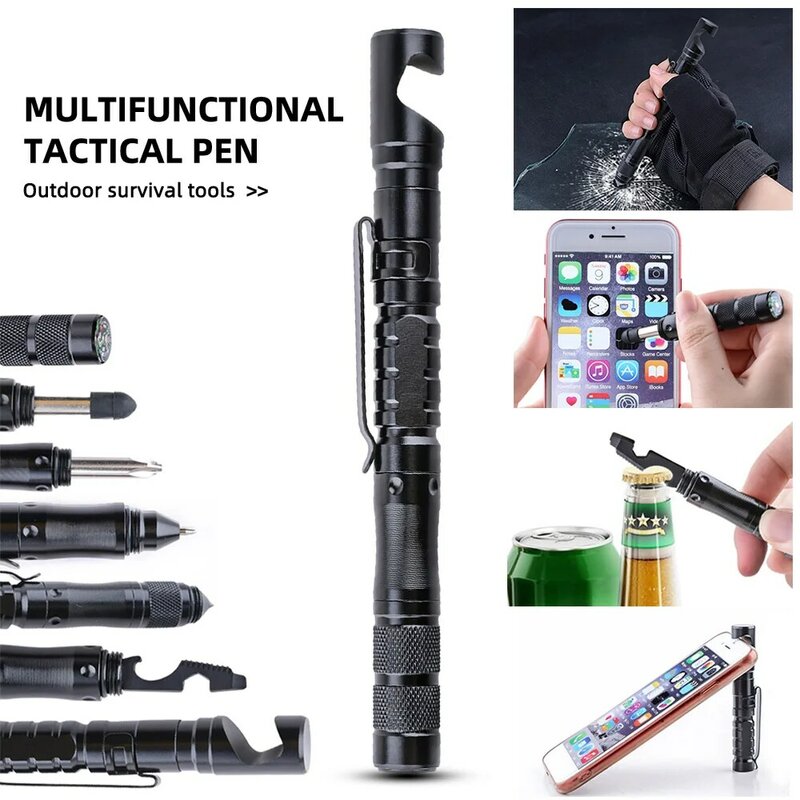 Multifunctional ยุทธวิธีปากกาที่จับโทรศัพท์มือถือยุทธวิธีปากกาป้องกันตัวเองปากกา Survival กลางแจ้งเครื่องมือเข็มทิศ