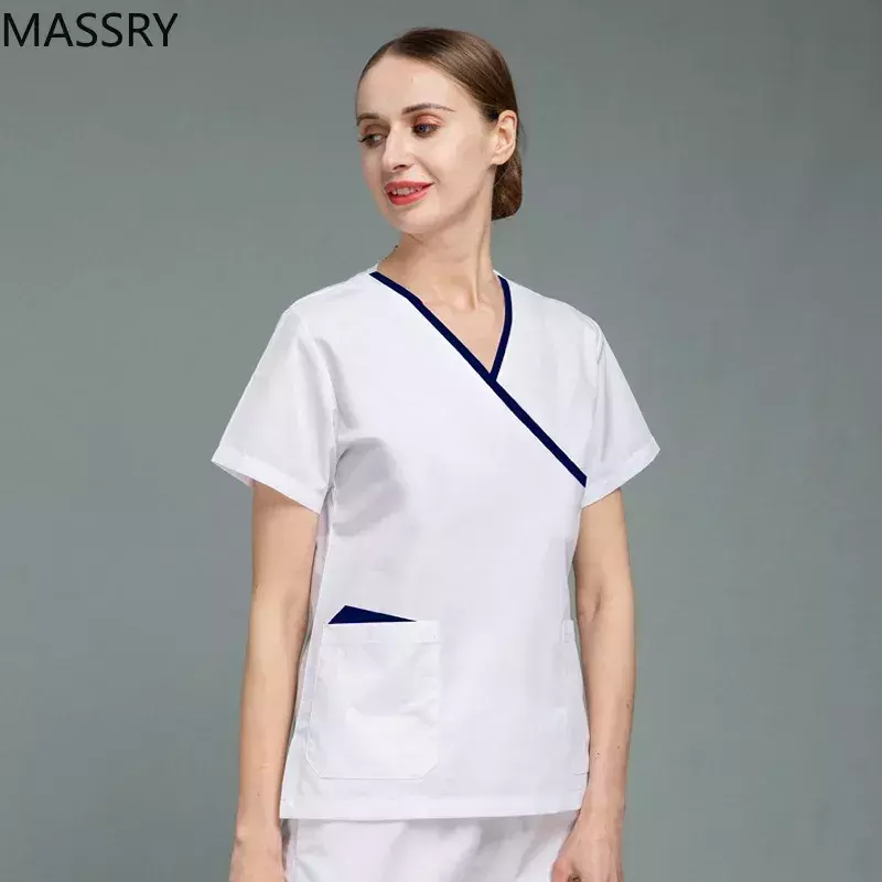 Mulheres Manga Curta Médica Enfermagem Uniforme Set, Enfermeira Workwear, Salão de Beleza Roupas de Trabalho, Slim Fit Scrub Shirt, Unisex