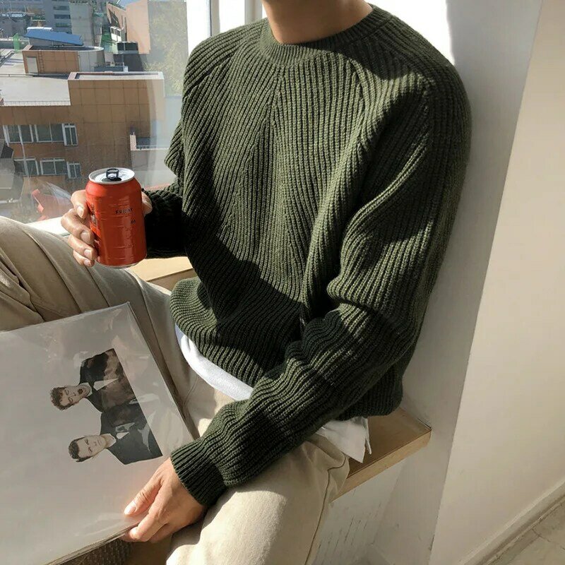 Suéter de cuello redondo para hombre, camisa de punto de color sólido, versión coreana, tendencia, fondo suelto, prendas de vestir exteriores nuevas, Otoño e Invierno