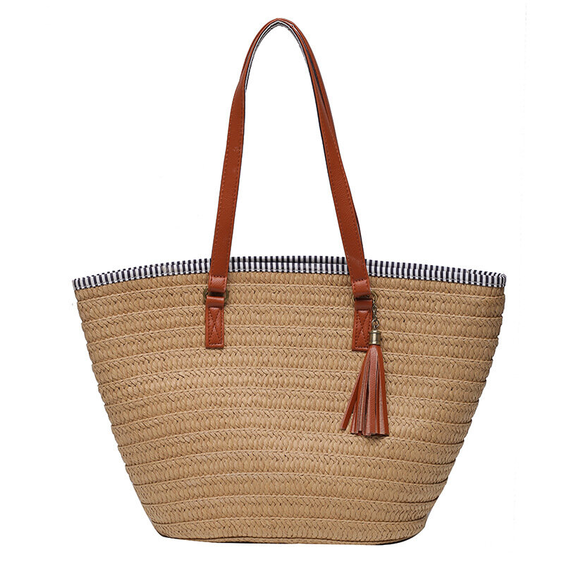 Bolso de mano tejido de paja para mujer, bolsa de hombro de gran capacidad, hecha a mano, informal, para vacaciones de verano y playa