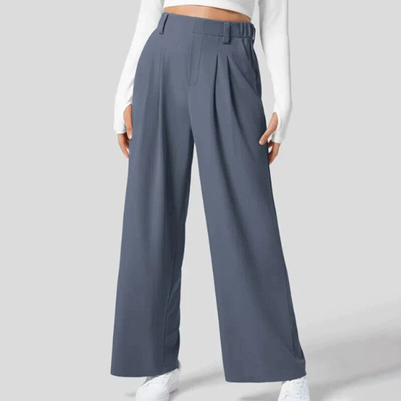 กางเกงขายาวสีเทาเข้มกางเกงขากว้างสำหรับผู้หญิงกางเกงลำลองเอวสูงกางเกงสำนักงานขากว้างใส่สบายสำหรับ S-2XL