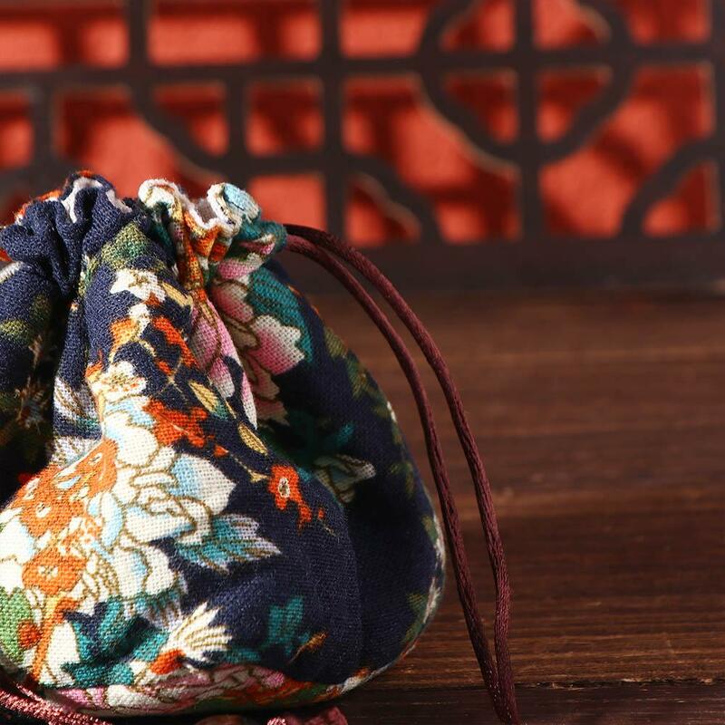 Sac de rangement en coton et lin avec cordon de proximité, motif floral, sac de rangement pour théière, outils à thé, tasse à thé