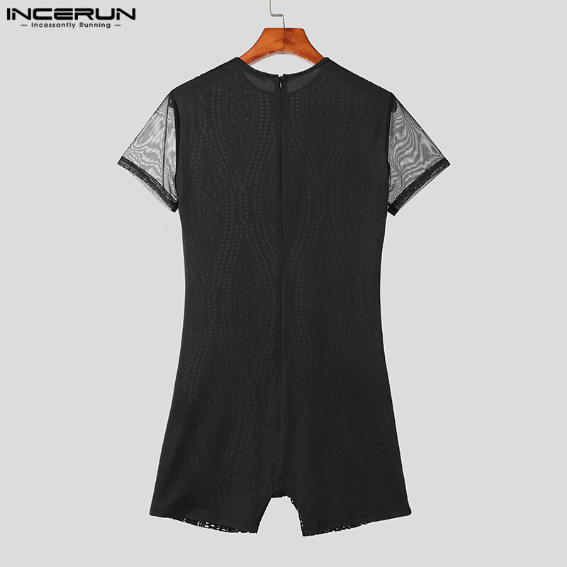 INCERUN 2024 American Style Men's O-neck Rompers Fashion Perspective Lace Patchwork Bodysuits Sexy Short Sleeved Jumpsuits S-3XL