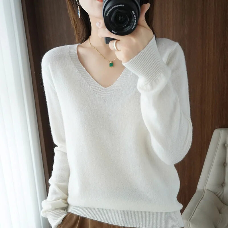 สเวตเตอร์ถักคอวีแขนยาวสำหรับผู้หญิง, เสื้อกันหนาวเข้ารูปเสื้อจั๊มเปอร์2023 MODE Korea ฤดูใบไม้ร่วงฤดูหนาว
