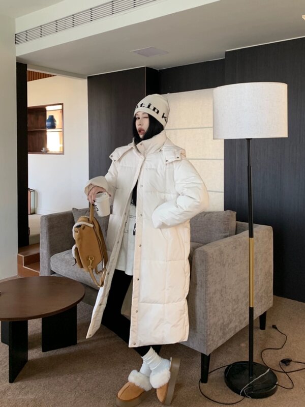 Jaket katun putih panjang setengah lutut untuk wanita, mantel jaket katun tebal musim dingin 2023