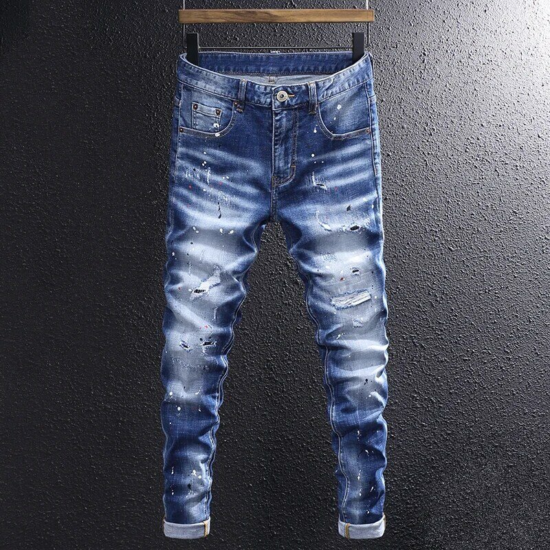 Moda de rua dos homens jeans retro azul estiramento elástico fino ajuste rasgado jeans pintados designer hip hop denim calças lápis hombre