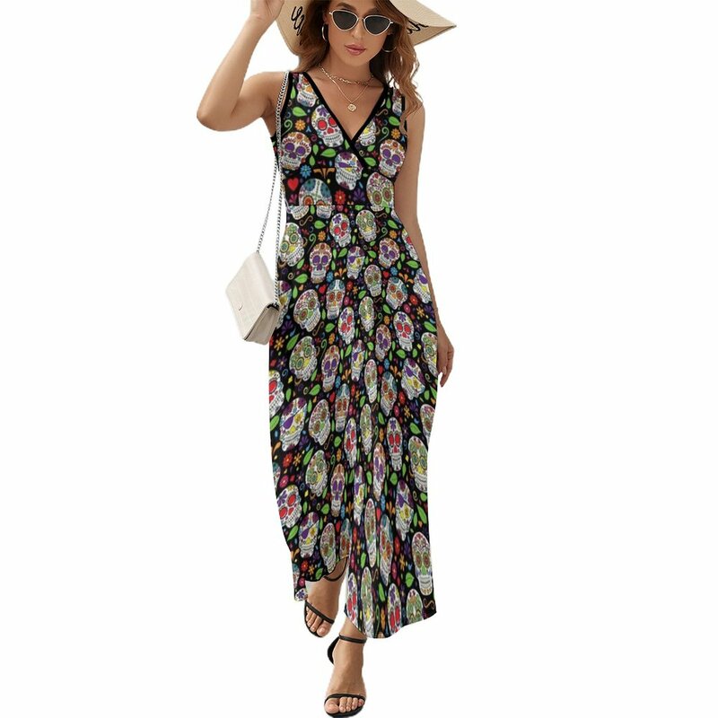 Colorful Sugar Skull Flower Black Pattern Sleeveless Dress summer clothes beach dresses