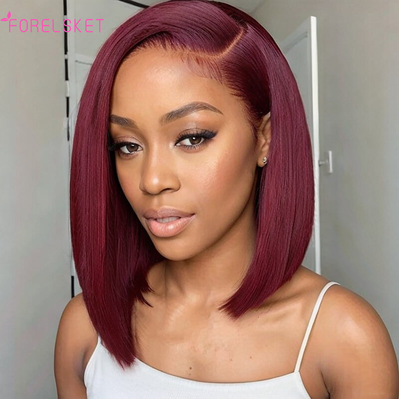 99J Burgundy HD Transparent Short Bob Human Hair Wigs Peruvian 99J Red Straight 13x5x1 Lace Front Wig For Women Pre Plucked
