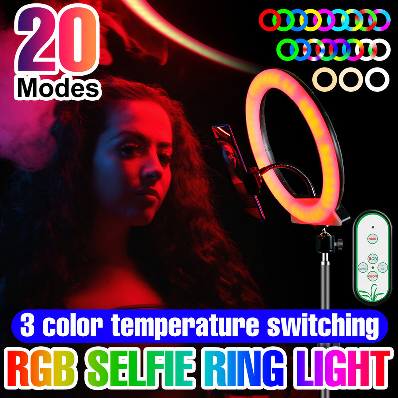 RGB ملء التصوير الإضاءة LED المحمولة ليلة مصباح Selfie مصباح مصمم على شكل حلقة عكس الضوء فيديو لمبة صور Ringlight لتدفق مباشر