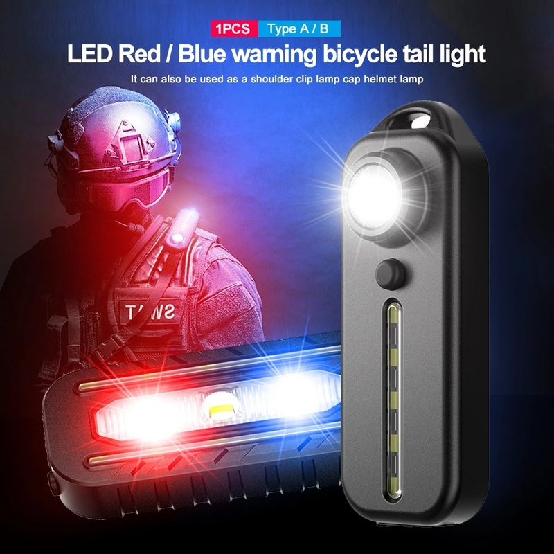 LED Vermelho Azul Cuidado Luz Polícia de Emergência com Clip, USB recarregável Ombro Piscando Aviso, Tocha de segurança, Bike Cauda Lâmpada, Novo