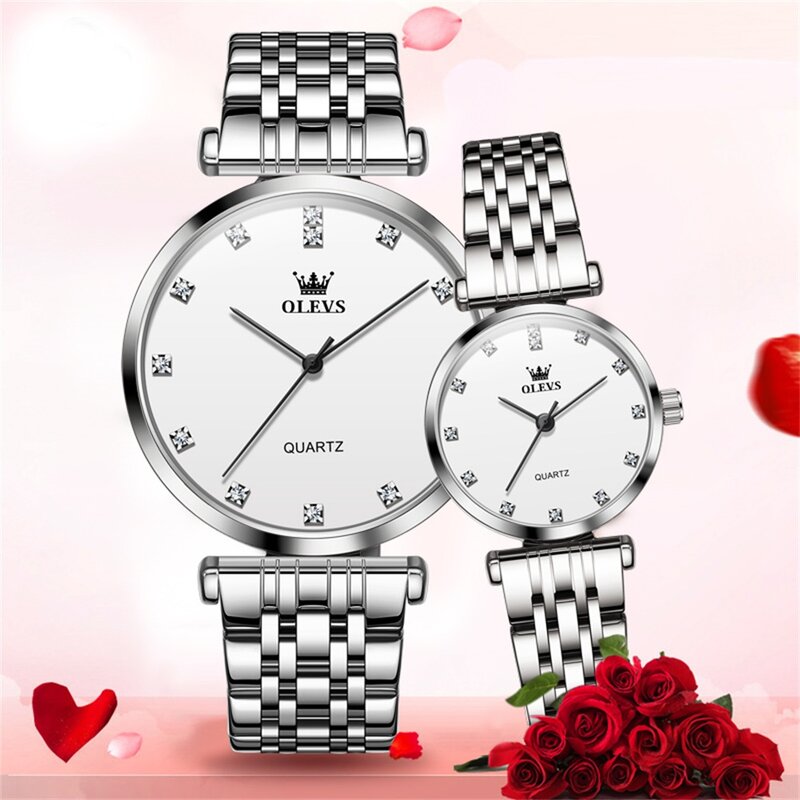 مجموعة ساعة يد OLEVS للأزواج ، موضة ، ساعة حبيب رائعة ، صندوق الهدايا الأصلي ، ساعة اليد والساعة