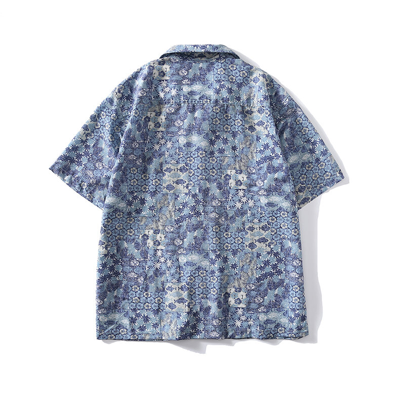 ハワイアンプリント半袖シャツ、ヴィンテージシャツ、ターバン襟、日本