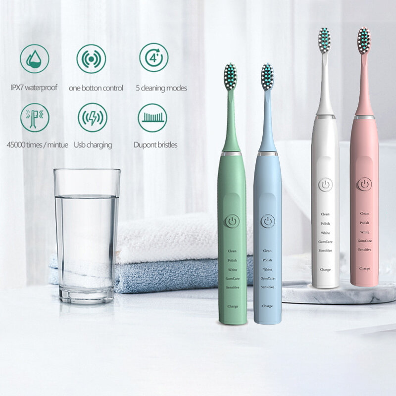 Cepillo de dientes eléctrico sónico para adultos, juego de cabezales de repuesto con temporizador, Cargador USB, recargable, Limpieza Profunda, 5 modos