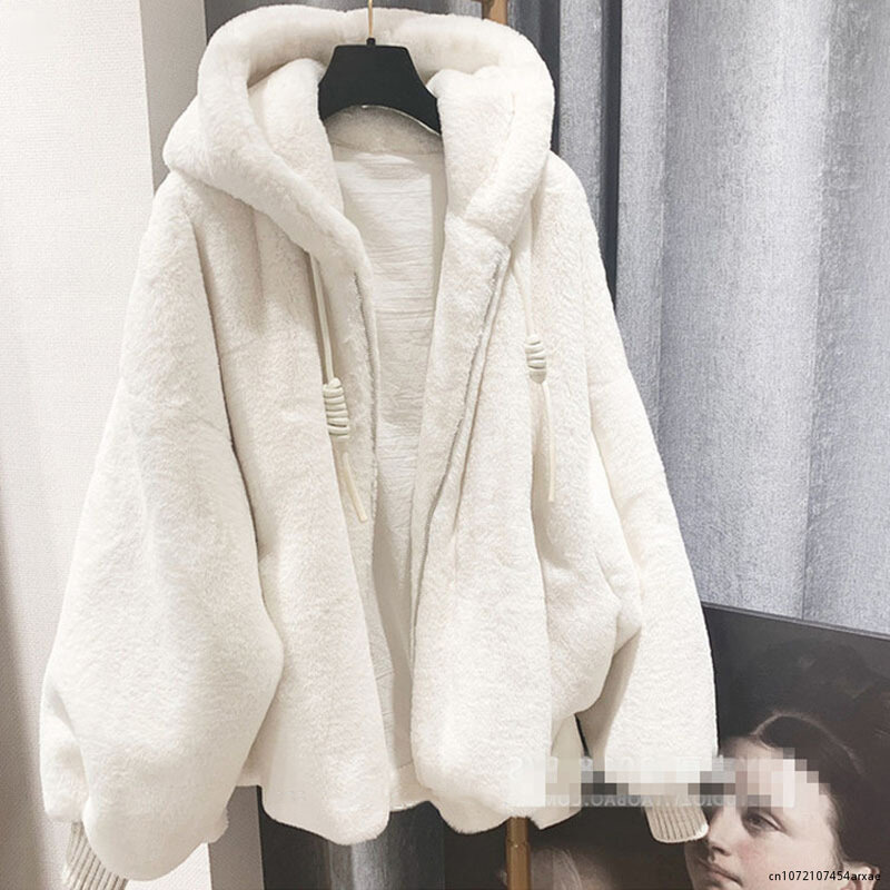 Abrigo de imitación de lana de cordero para mujer, abrigo blanco cálido, abrigo peludo informal con capucha de piel de conejo de imitación, Chaqueta de felpa