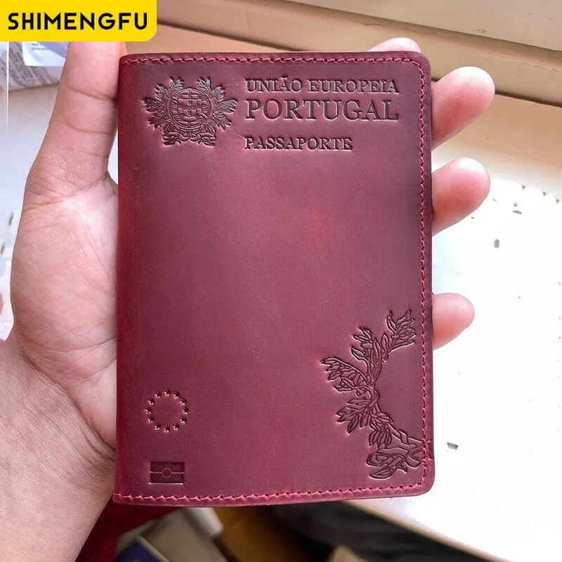 Sampul Paspor Kulit Asli Casing Pelindung Penyimpan Paspor Portugis Sapi Retro Portugal Dompet Paspor Travel Uniseks