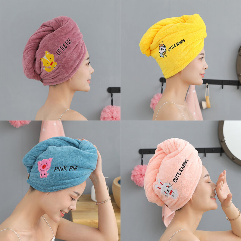 Tampão de banho absorvente bordado animal das mulheres, Coral Fleece cabelo secagem Cap, Toalha grossa, Quick-Dry, Turbante Banheiro, Bonito