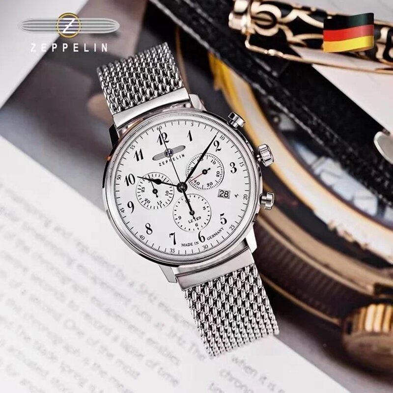 Zeppelin Luxury Men's Watch German Men's Watch Chronograph Quartz Watch Business Casual Stainless Steel Strap Waterproof Watch