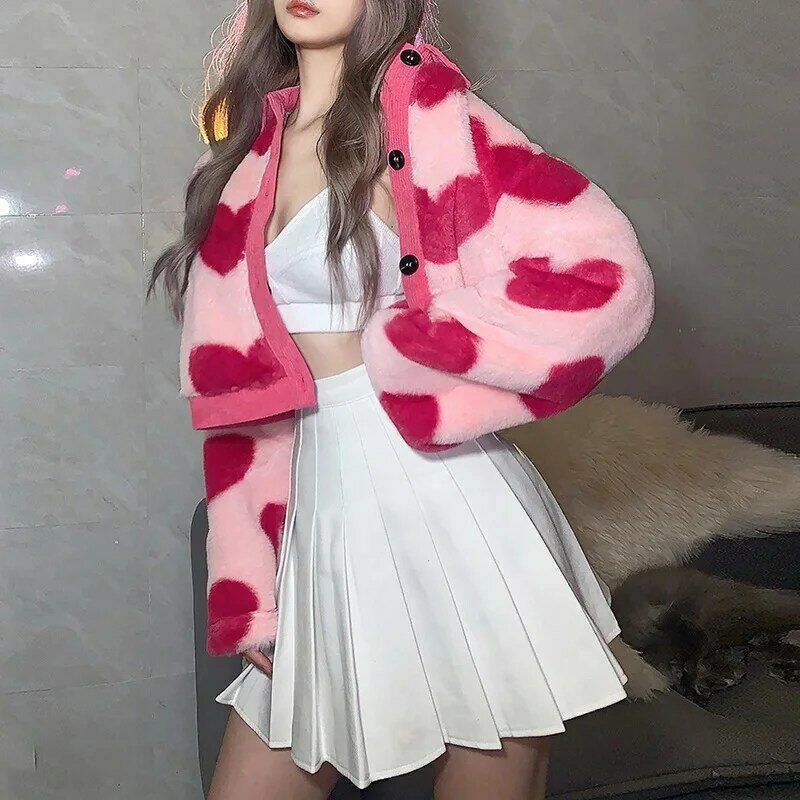 Jesienno-zimowa miłość kontrastowa luźna płaszcze casualowe słodka różowa kurtka z sercem kobiety koreańska moda styl Preppy kardigany