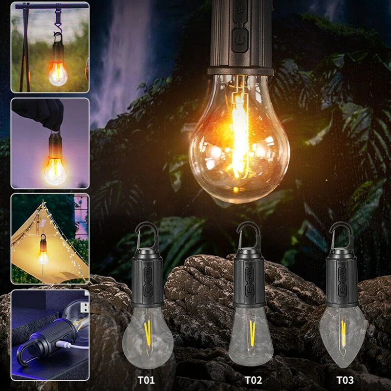 โคมไฟ LED แคมป์ไฟฉายเดินป่าพกพา600มิลลิแอมป์พร้อมตะขอโคมไฟแบบพกพาประเภท C กันน้ำสำหรับเดินป่าตกปลา