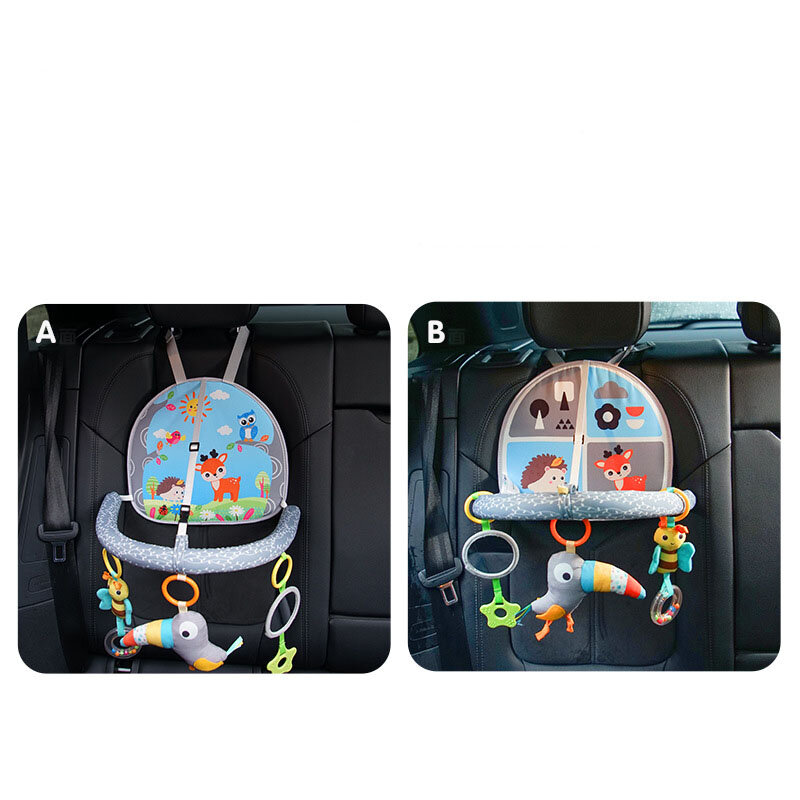 Assento de carro traseiro infantil pendurado brinquedo, arco atividade com música espelho, chocalho brinquedos para o bebê, Play Center