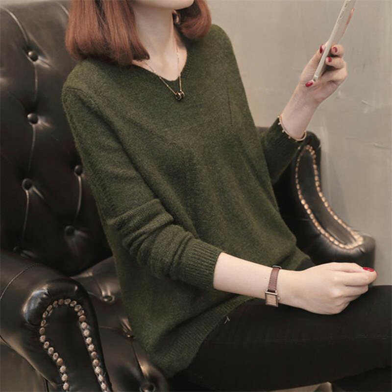 Swetry damskie 2023 New Fashion dziewiarskie bluzki z długim rękawem V dekolt wiosenne jesienne swetry długa koszula свитер женский