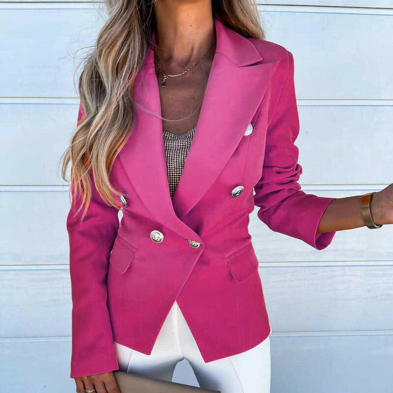 Chaquetas de traje de Color liso para mujer, abrigo de manga larga con botones de solapa, talla grande, ajustado, Formal, para trabajo y oficina