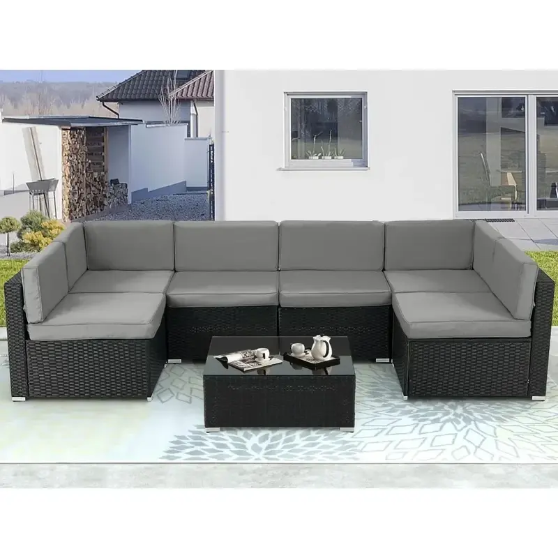 Patio Furniture Sets, 7 Piece PE Rattan Wicker Sofa Set, Outdoor Sectional Furniture Chair Set, Outdoor Furniture Sets