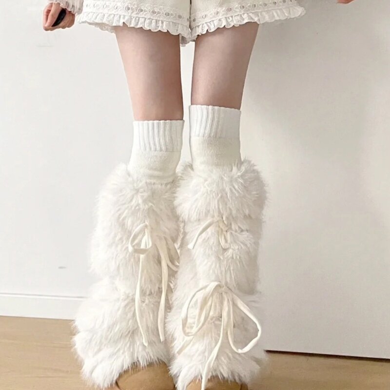 Copristivali Harajuku da donna, calzini scaldamuscoli bianchi in peluche peloso con fiocco in nastro carino