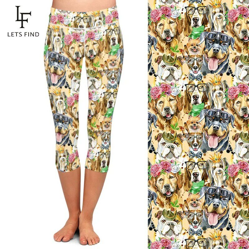 LETSFIND Summer Fashion Women Capri Leggings 3D Cute Dogs Print Leggings Fitness a vita alta pantaloni a metà polpaccio
