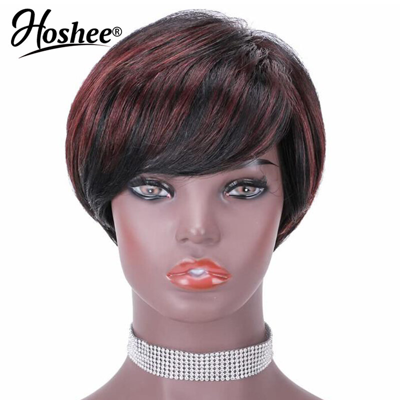 Short Pixie Cut Straight Black 99j Red Burgundy Glueless 100% Human Hair Wigs Wear And Go Full Machine Made Wig For Black Women