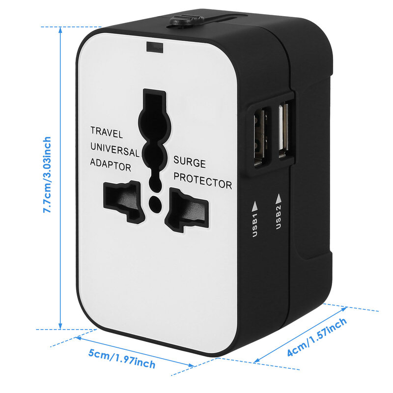 여행용 범용 듀얼 USB 플러그 어댑터, 휴대용 국제 전원 플러그 충전기 어댑터, 다기능 전세계 AC
