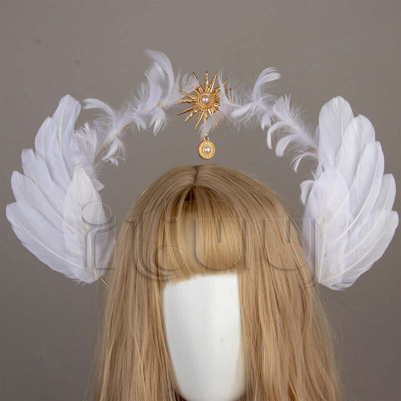 Pièce de sauna couronne Halo gothique Lolita, coiffure KC, ailes de plumes d'ange, bande de sauna de déesse Halo, accessoires de coiffure