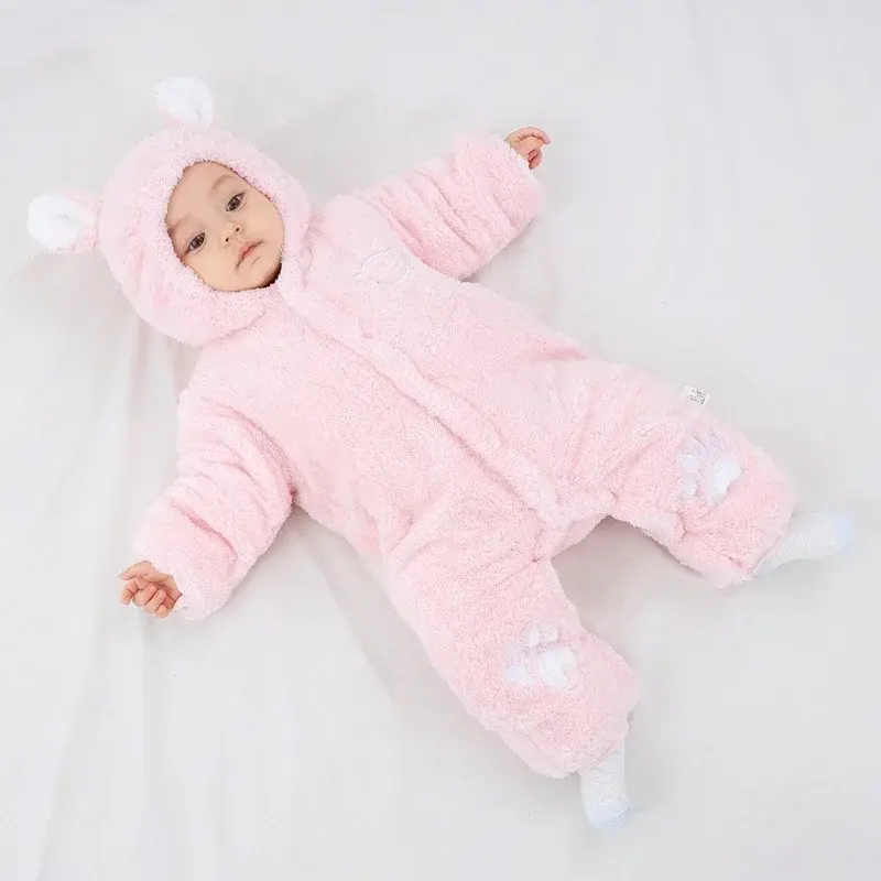 Winter Baby Romper With Ears Thicken Cotton Newborn Bodysuit Hooded Baby Girl Clothes Cartoon Boys Jumpsuit 0-24 Months
