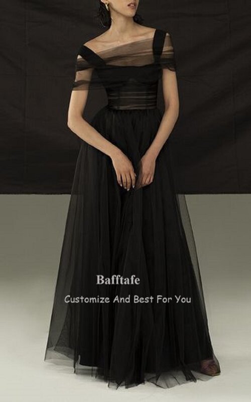 Bafftafe Simple Black Tulle Prom Evening Dresses For Women Straps Floor Length Formal Event Special Occasion Party Dress 2024
