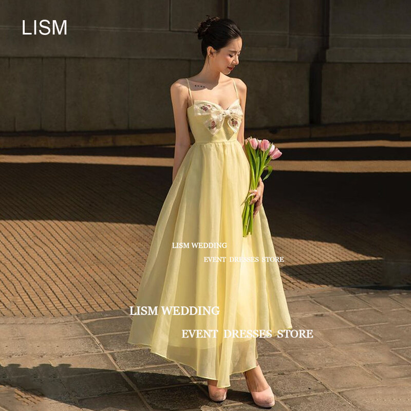 LIAM Sweetheart Bow Neck Yellow Korea Evening Dresses Photo Shoot Prom Party Gown Custom Lace Backless Wedding Reception Dress
