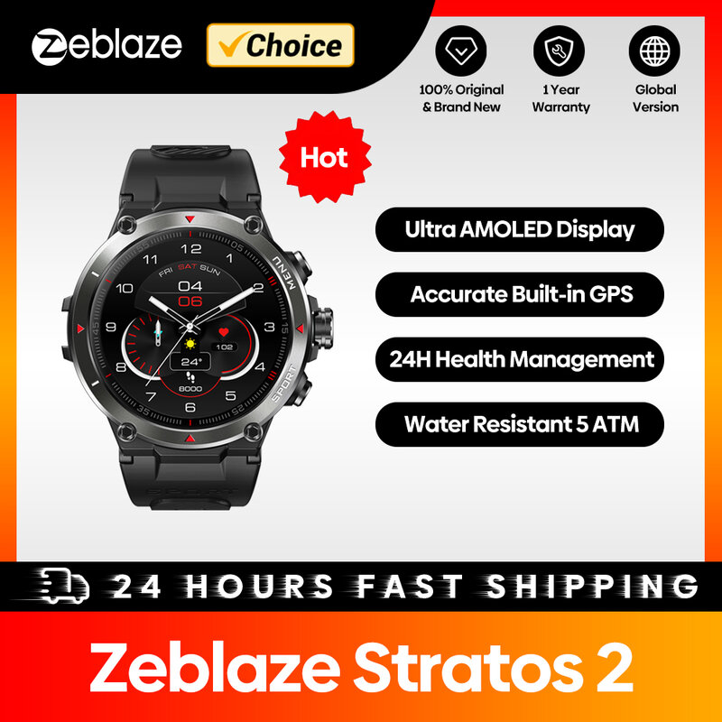 Смарт-часы Zeblaze Stratos 2, GPS, AMOLED дисплей, 24 часа мониторинга здоровья, 5 АТМ, длительный срок службы батареи