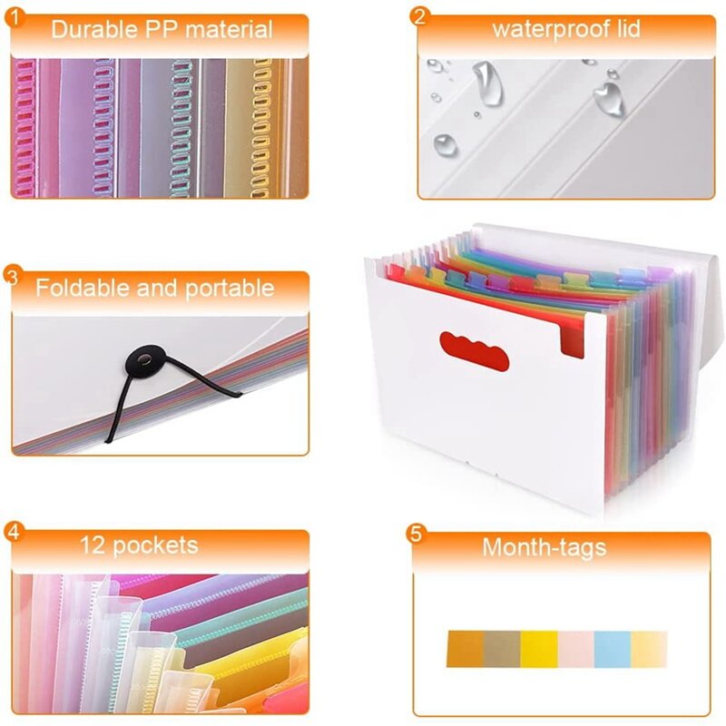 File Folders Portable Expanding 12-Pocket File Folder A4 Accordion File Document Organizer For Home Office School