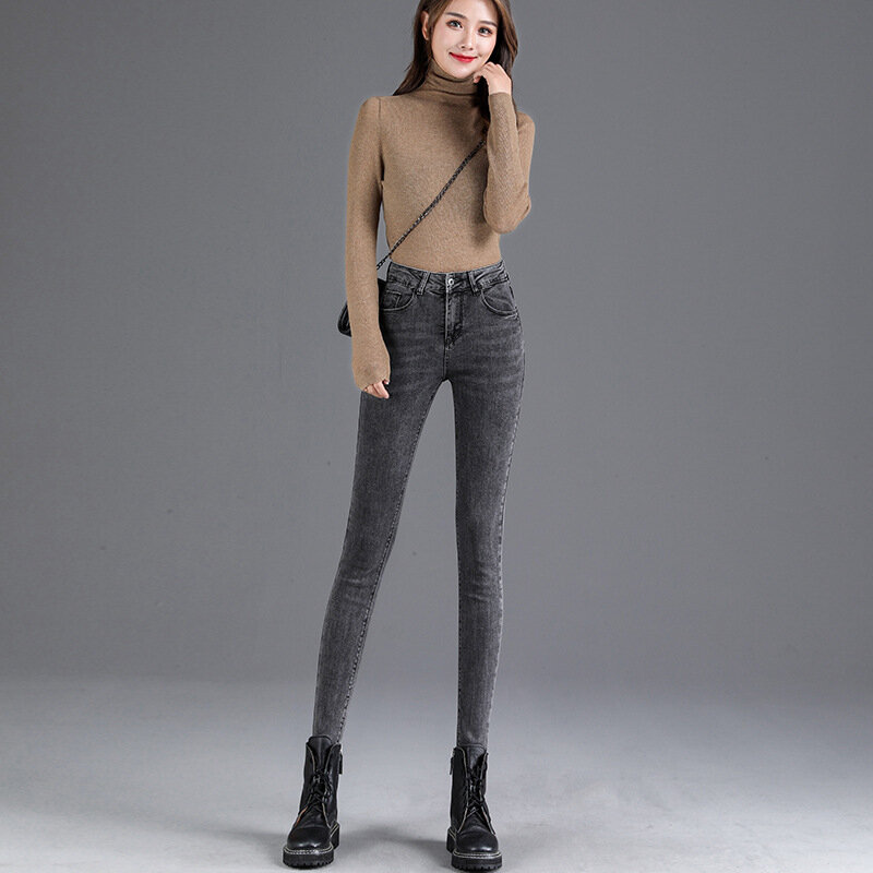 سروال جينز رفيع ضيق عالي الخصر بتصميم جديد لعام 2022 للنساء