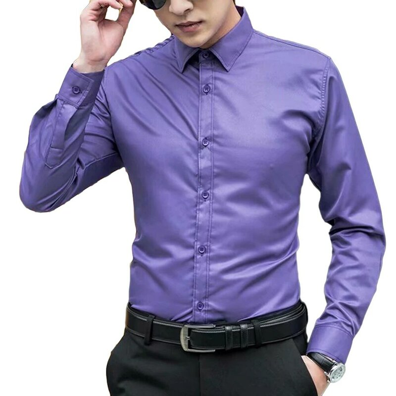 Camisas formales de negocios para hombres, blusas de oficina de Color sólido, camisa de fiesta informal delgada de manga larga, Tops, ropa clásica