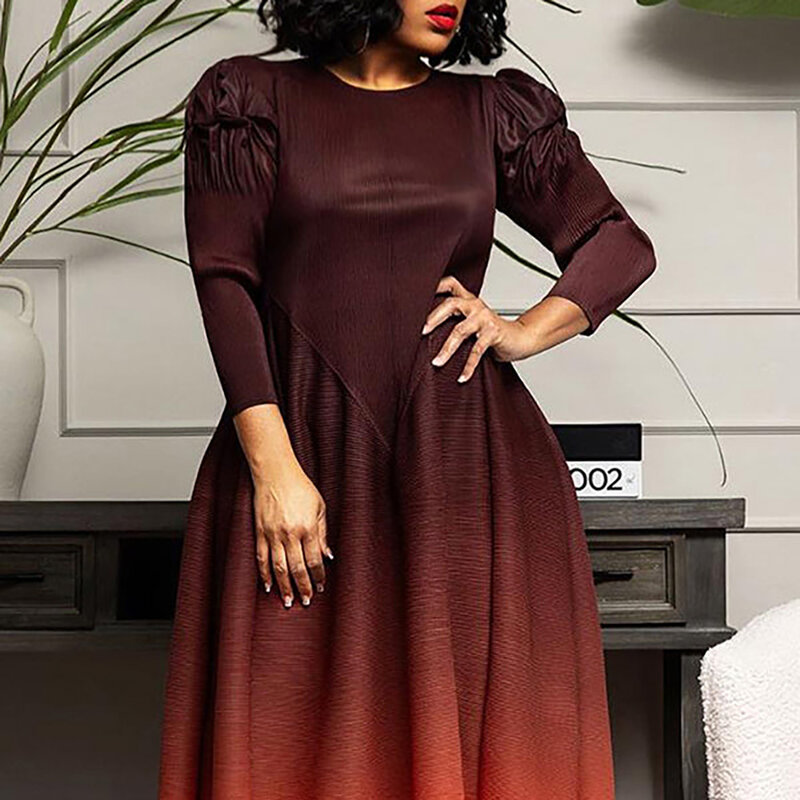 Plus Size Semi Formal Dress Coffee Gradient Long Sleeve Maxi Dress